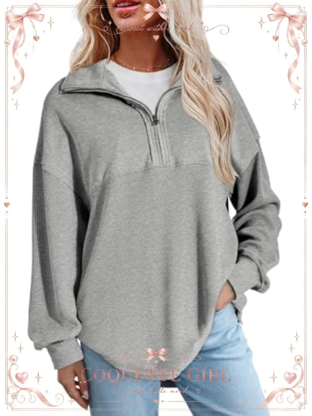 SHEWIN Women's Oversized Waffle Knit Half Zip Sweatshirt Pullover